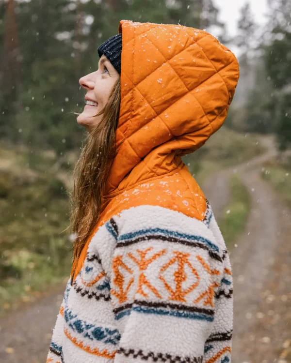 New Passenger Beaumont Recycled Sherpa Hooded Fleece Homespun Stripe Sunrise Orange