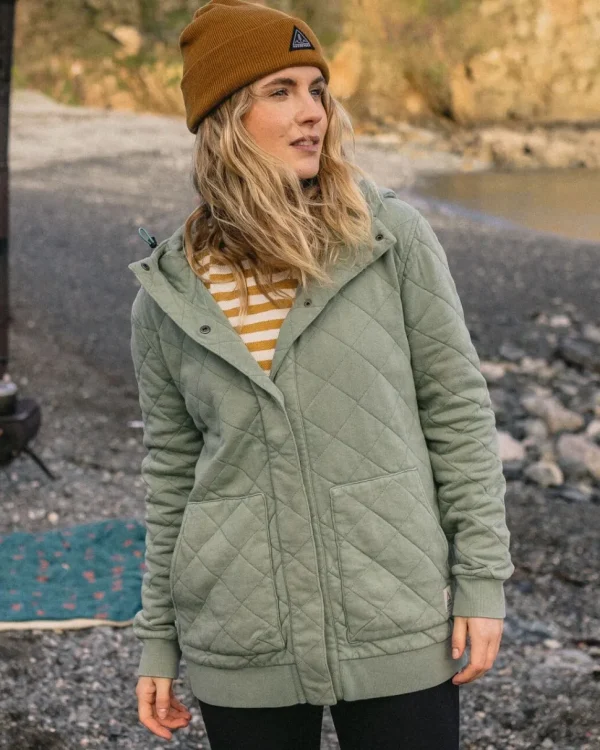 New Passenger Clementine Recycled Quilted Popper Up Hoodie Pistachio