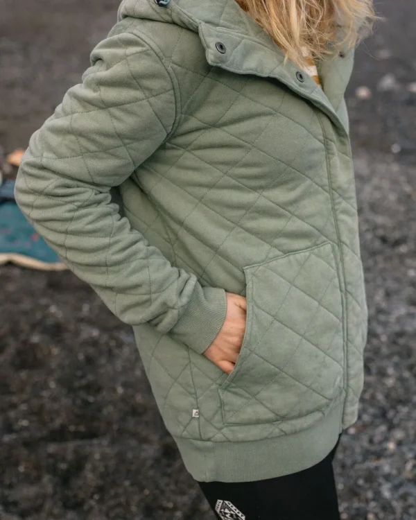 New Passenger Clementine Recycled Quilted Popper Up Hoodie Pistachio