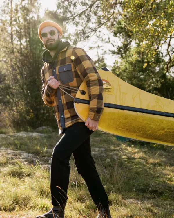 Cheap Passenger Firelight Sherpa Lined Overshirt Golden Brown Check