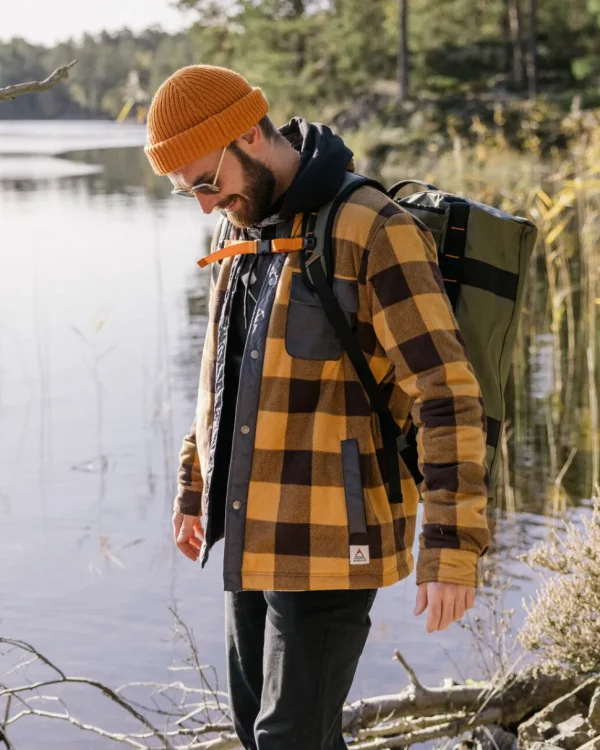 Cheap Passenger Firelight Sherpa Lined Overshirt Golden Brown Check