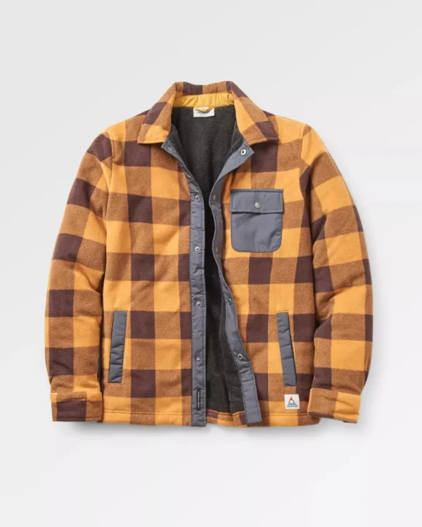 Cheap Passenger Firelight Sherpa Lined Overshirt Golden Brown Check