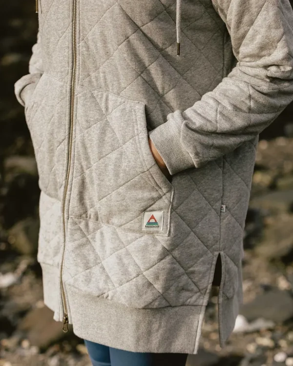 Online Passenger Getaway Recycled Cotton Quilted Full Zip Hoodie Grey Marl