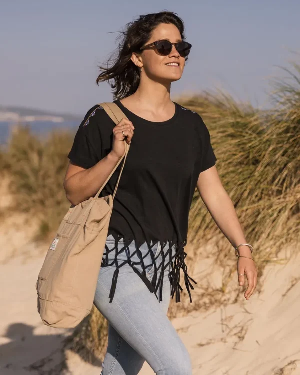 Clearance Passenger Henna Recycled Cotton Tassel T-Shirt Black