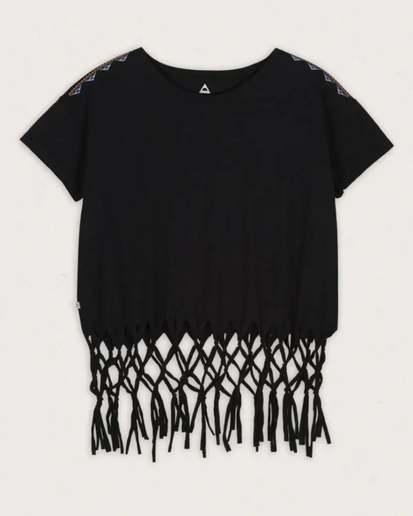 Clearance Passenger Henna Recycled Cotton Tassel T-Shirt Black