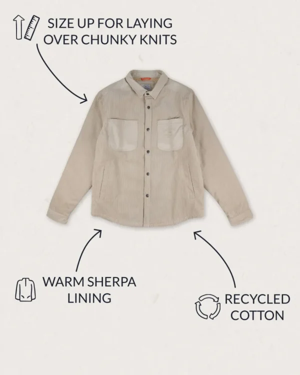 New Passenger Kodiak Sherpa Lined Cord Overshirt Feather Grey