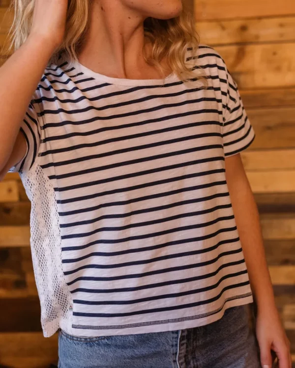 Clearance Passenger Magnolia Recycled Cotton Crochet Trim T-Shirt Navy Stripe