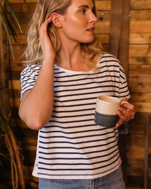 Clearance Passenger Magnolia Recycled Cotton Crochet Trim T-Shirt Navy Stripe