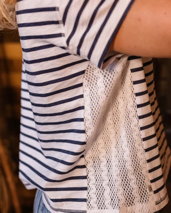 Clearance Passenger Magnolia Recycled Cotton Crochet Trim T-Shirt Navy Stripe