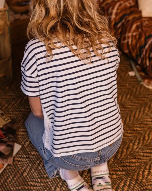 Clearance Passenger Magnolia Recycled Cotton Crochet Trim T-Shirt Navy Stripe