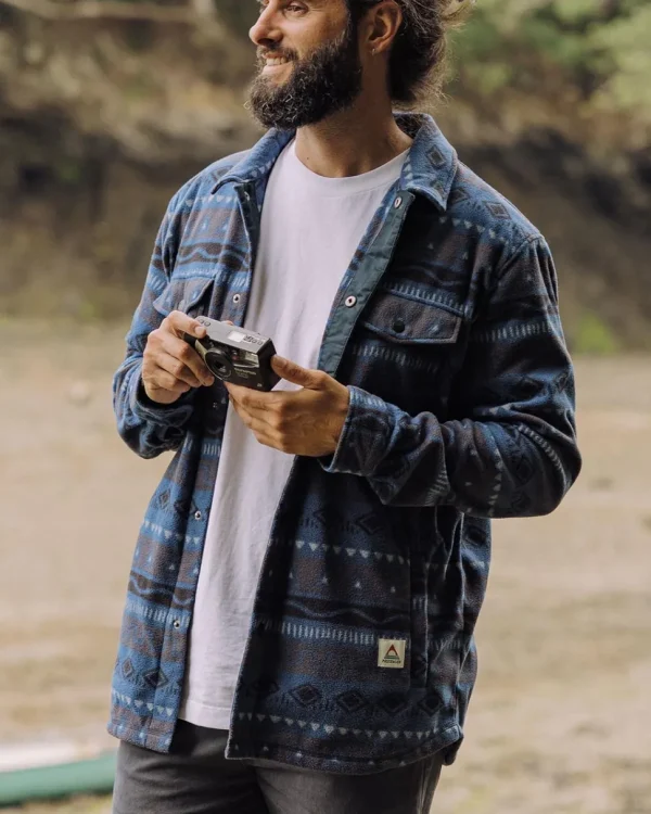 Store Passenger Maple Recycled Polar Fleece Shirt Abstract Stripe Dark Denim