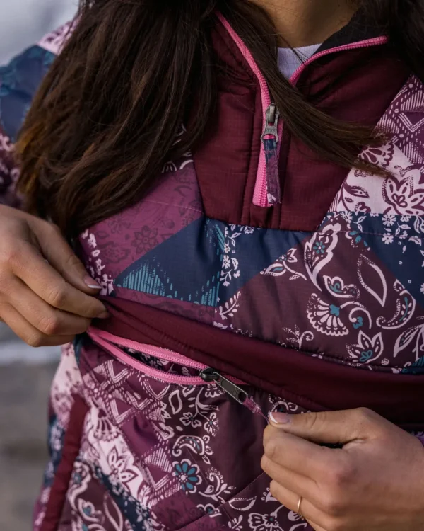 Store Passenger Ocean Recycled Insulated 1/2 Zip Jacket Boho Broken Patchwork Wine