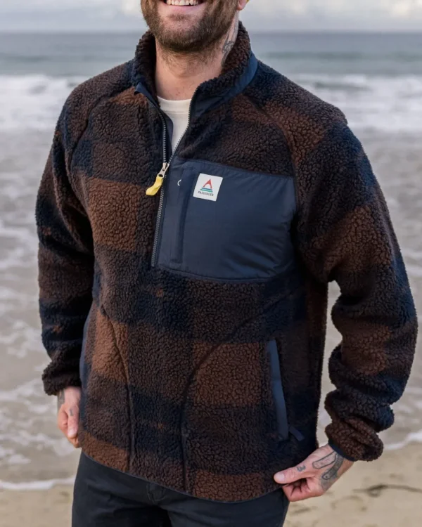 Discount Floris van Bommel Offroad Recycled Sherpa 1/2 Zip Fleece Chestnut/Deep Navy Check