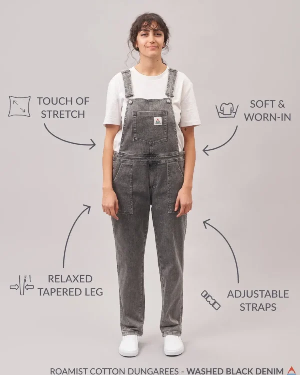 Clearance Passenger Roamist Organic Cotton Dungarees Washed Black Denim