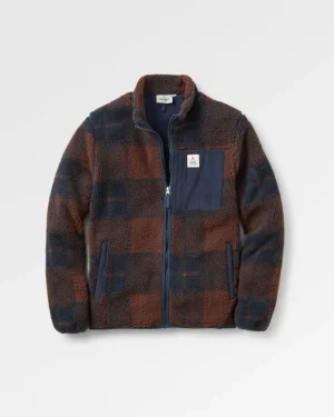 Fashion Floris van Bommel Trekker Recycled Deep-Pile Sherpa Fleece Chestnut/Deep Navy Check