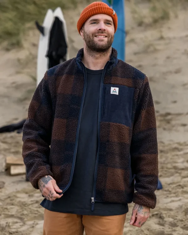 Fashion Floris van Bommel Trekker Recycled Deep-Pile Sherpa Fleece Chestnut/Deep Navy Check