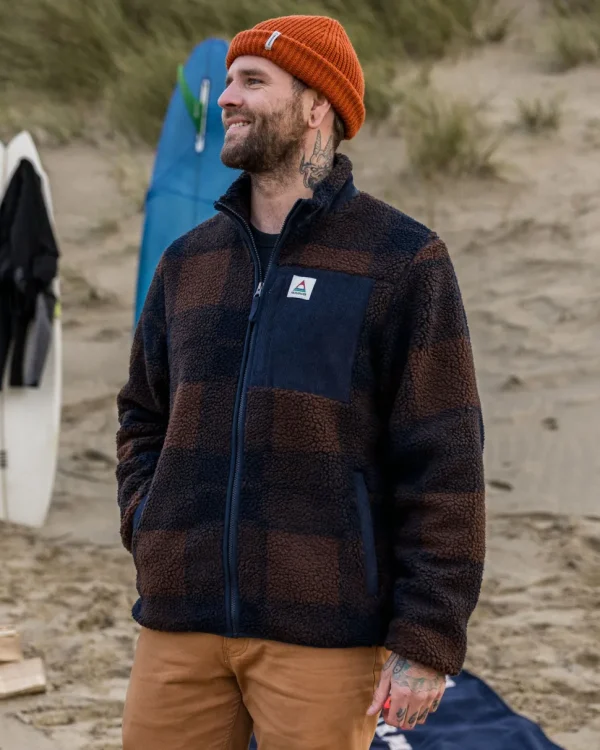 Fashion Floris van Bommel Trekker Recycled Deep-Pile Sherpa Fleece Chestnut/Deep Navy Check