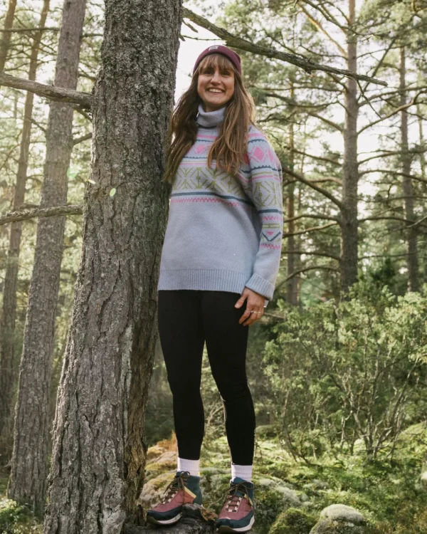 Store Passenger Whimsical Recycled Oversized Polo Neck Knitted Jumper Homespun Stripe Blue Fog
