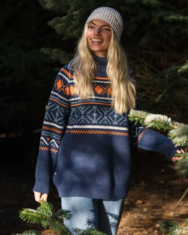 Discount Passenger Whimsical Recycled Oversized Polo Neck Knitted Jumper Homespun Stripe Navy