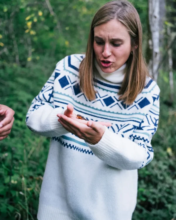 Online Passenger Whimsical Recycled Oversized Polo Neck Knitted Jumper Homespun Stripe Off White