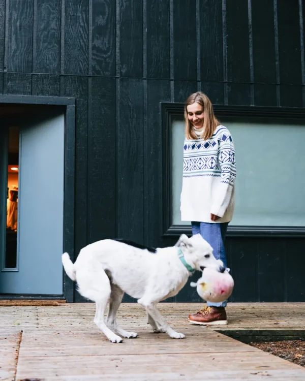 Online Passenger Whimsical Recycled Oversized Polo Neck Knitted Jumper Homespun Stripe Off White
