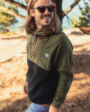 Best Sale Floris van Bommel Woodland Hooded 1/2 Zip Polar Fleece True Black/ Khaki