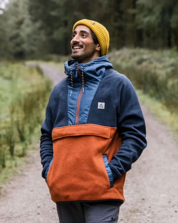 Fashion Floris van Bommel Woodland Hooded 1/2 Zip Polar Fleece Deep Navy/Baked Clay