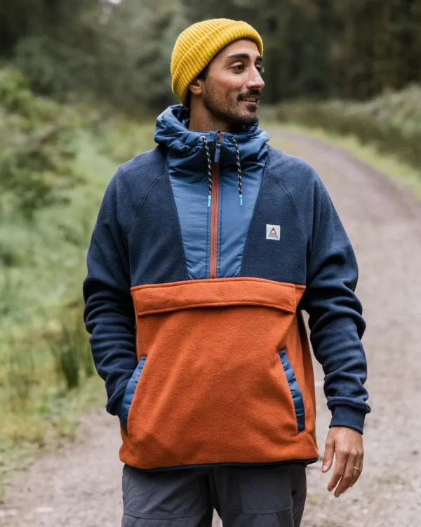Fashion Floris van Bommel Woodland Hooded 1/2 Zip Polar Fleece Deep Navy/Baked Clay