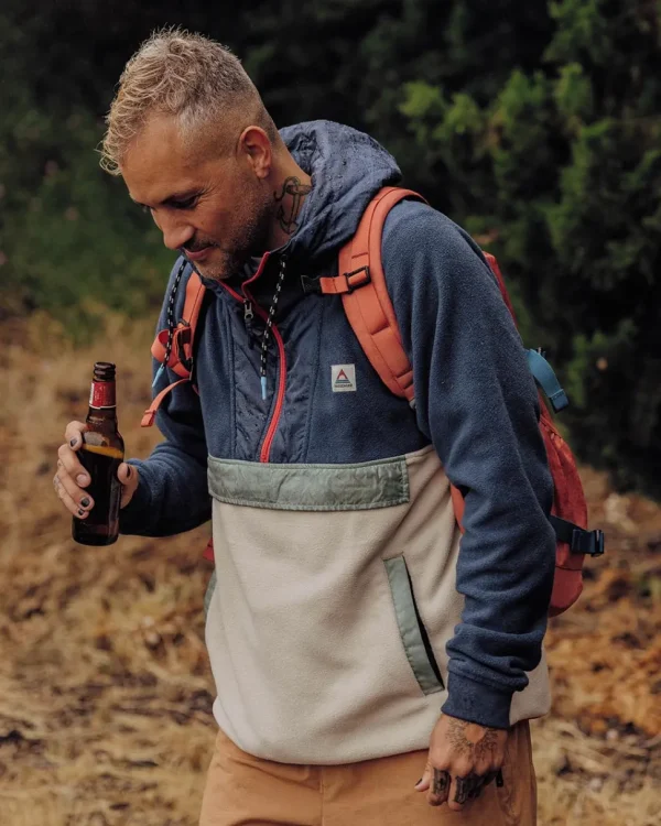 Discount Passenger Woodland Hooded 1/2 Zip Recycled Polar Fleece Dark Denim/Oatmeal