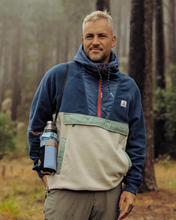 Discount Passenger Woodland Hooded 1/2 Zip Recycled Polar Fleece Dark Denim/Oatmeal