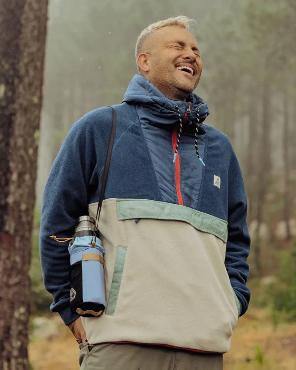 Discount Passenger Woodland Hooded 1/2 Zip Recycled Polar Fleece Dark Denim/Oatmeal